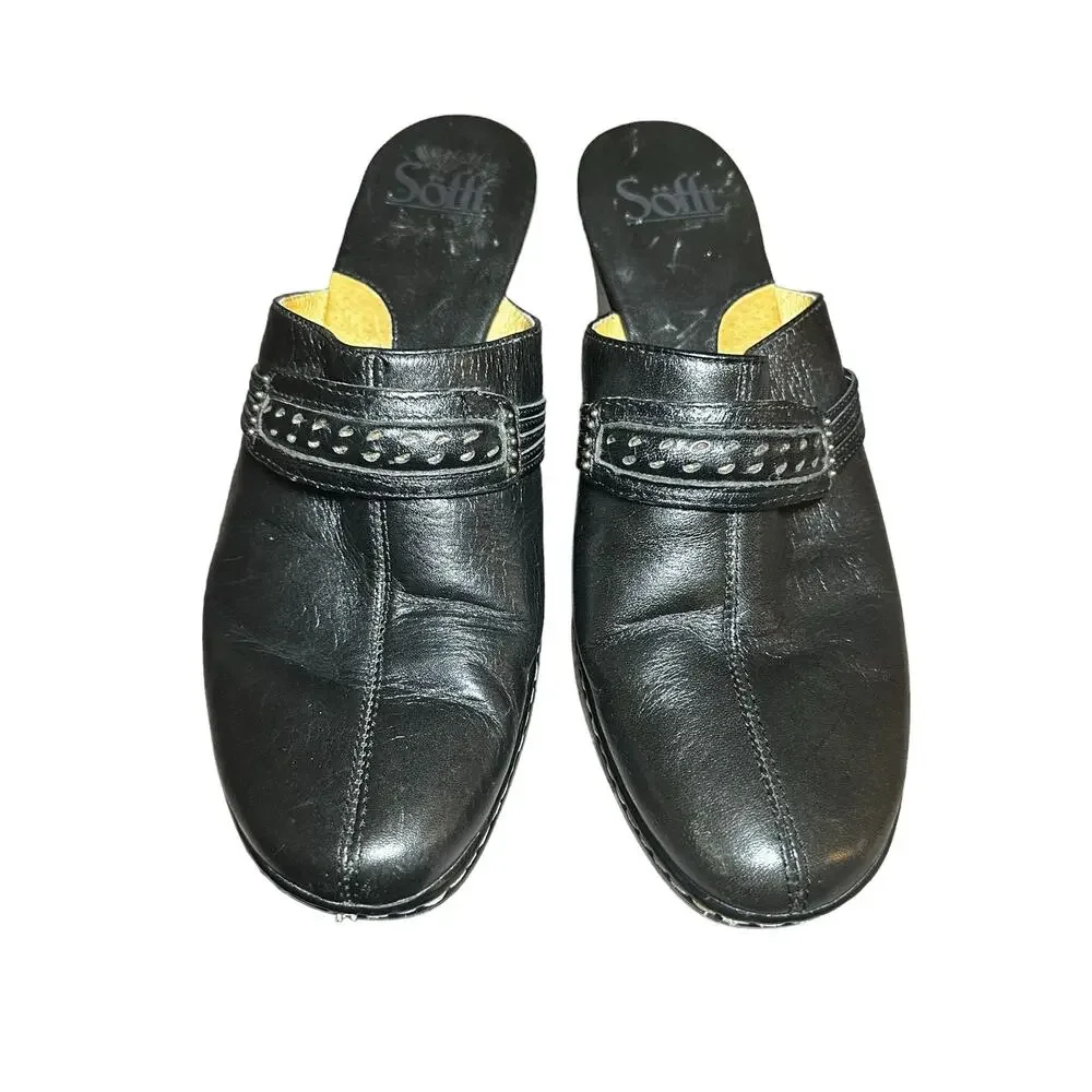 Sofft Black Leather Heeled Mule Clogs Women’s Size 7.5 Comfort Slip on
